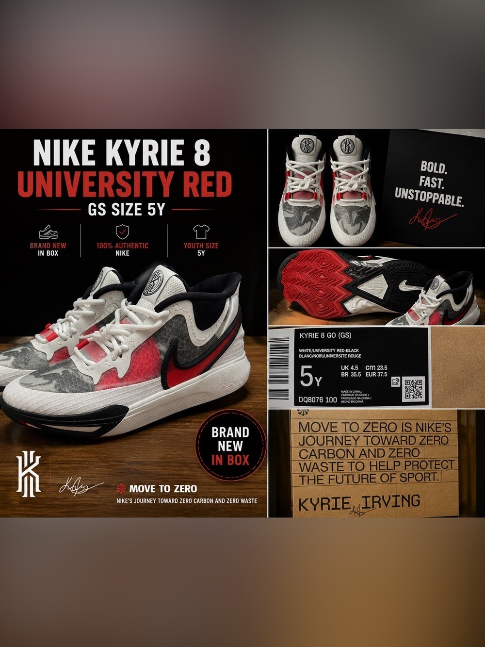 NWT Nike Kyrie 8 GO GS White University Red Black Basketball Shoes Size 5Y
